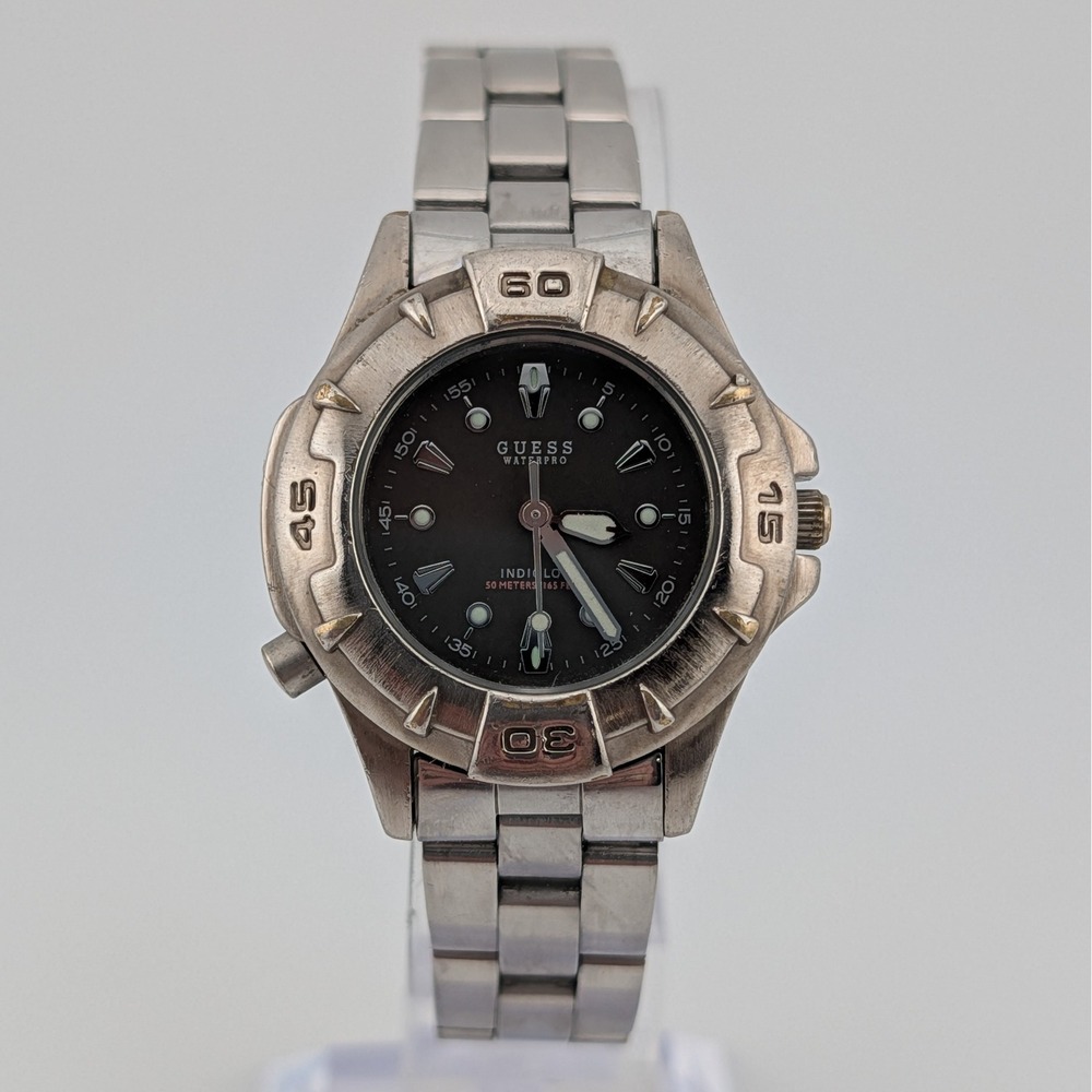 Guess Waterpro Indiglo Dive Style Watch Charcoal Dial Stainless Steel 50M Quartz